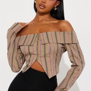 Fashion Nova Tan Crop Off-the-Shoulder Blouse with Buttoned Front